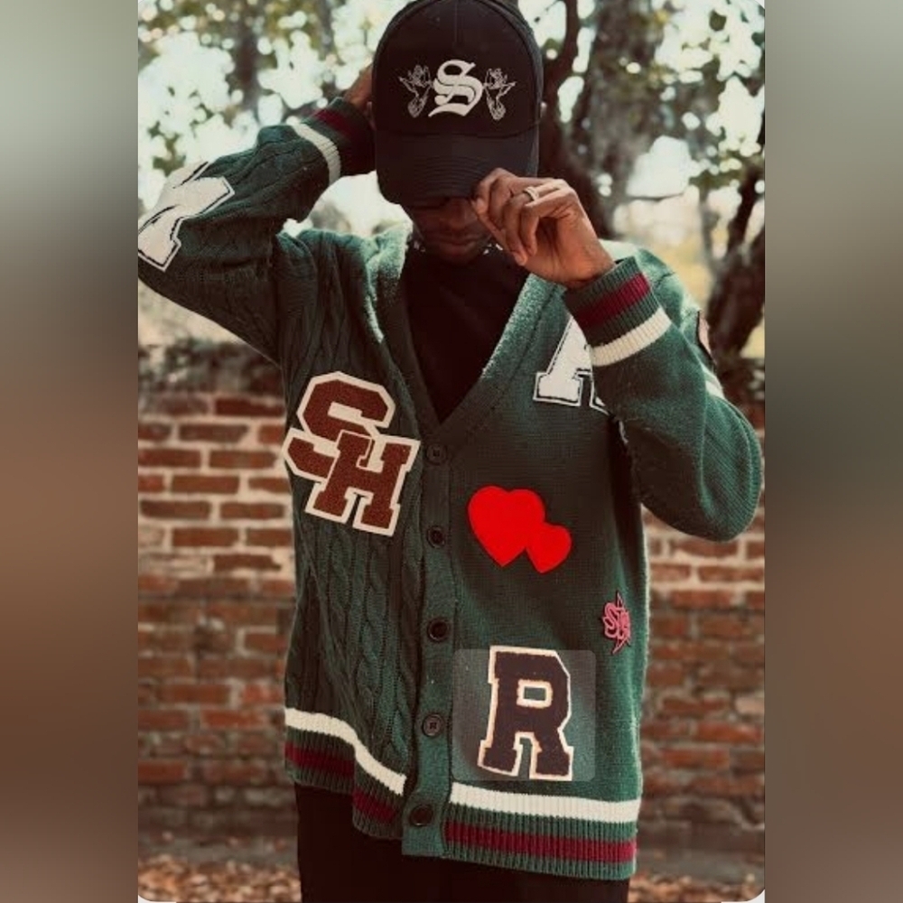 Manfinity Dark Green Varsity Patch Cardigan Letterman Knit Sweater Y2K XL